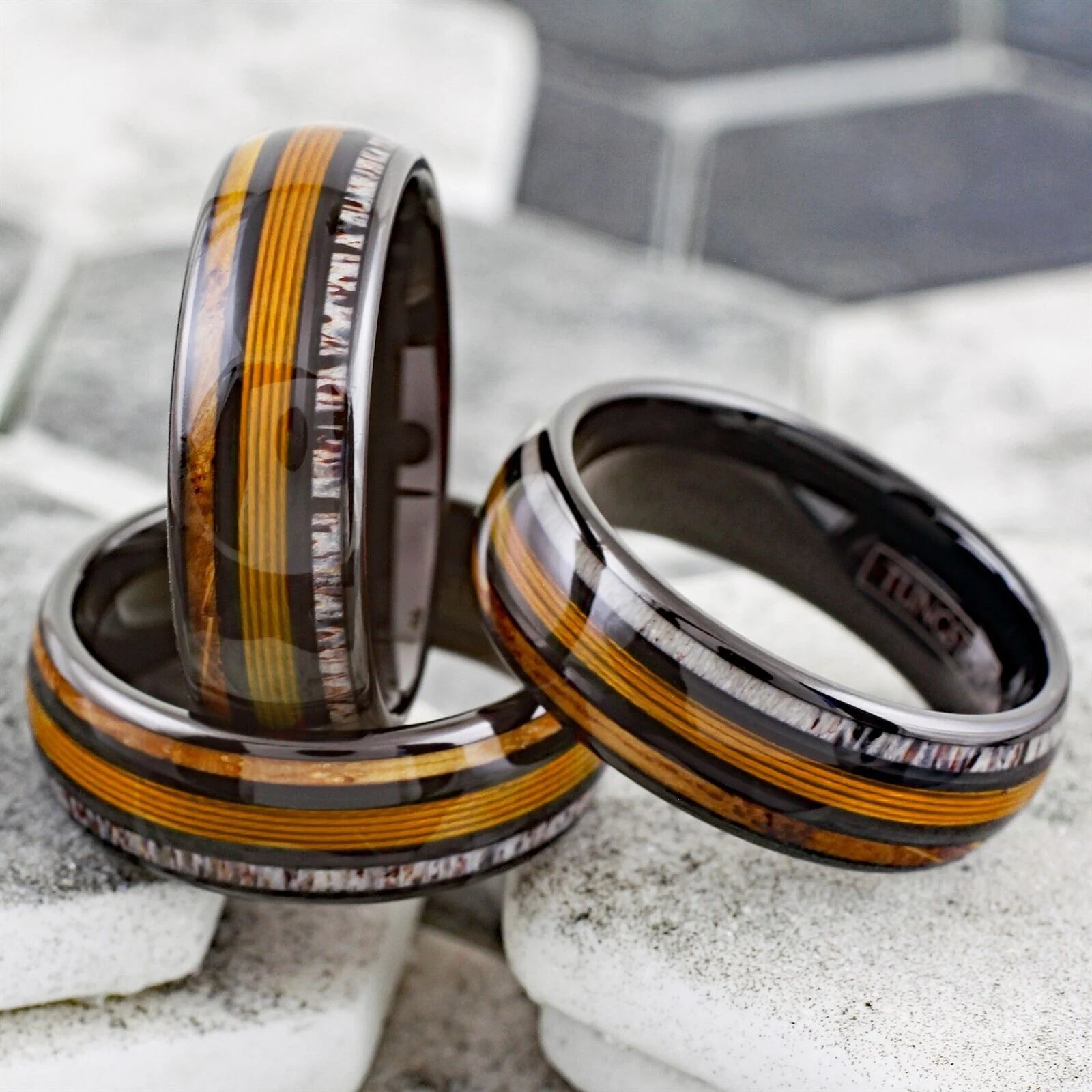 Cool Polished Black Tungsten Low Dome Ring with Gorgeous Gold Real Fishing Line Between Whiskey Barrel Oak Wood and Deer Antler Inlays. 11